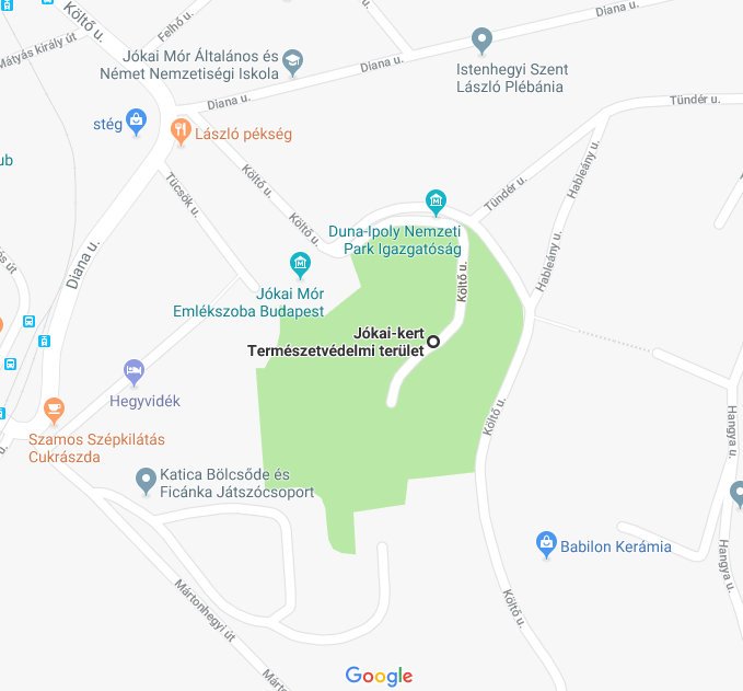 A Jókai- kert elhelyezkedése nagyobb nagyításban a térképen